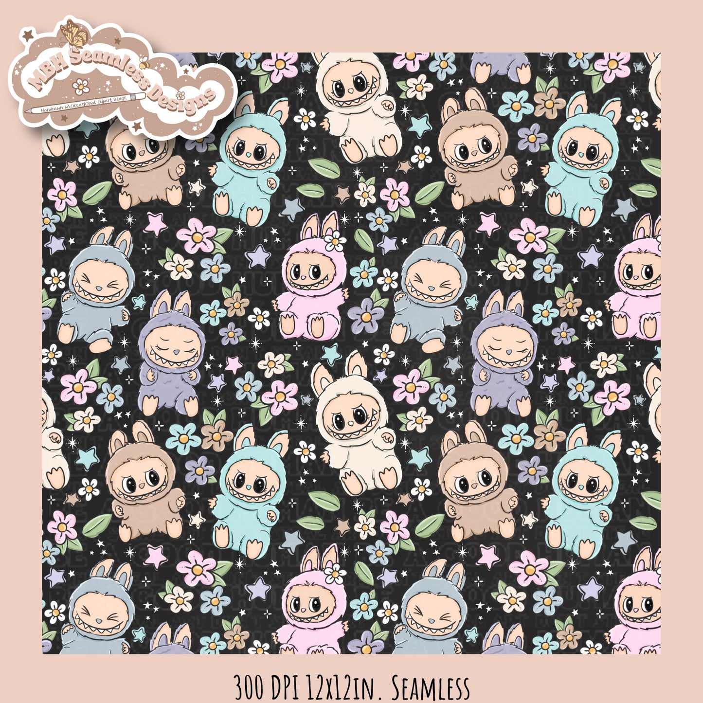 Labubu Floral Seamless Pattern & PNGs Assorted Colorway Options