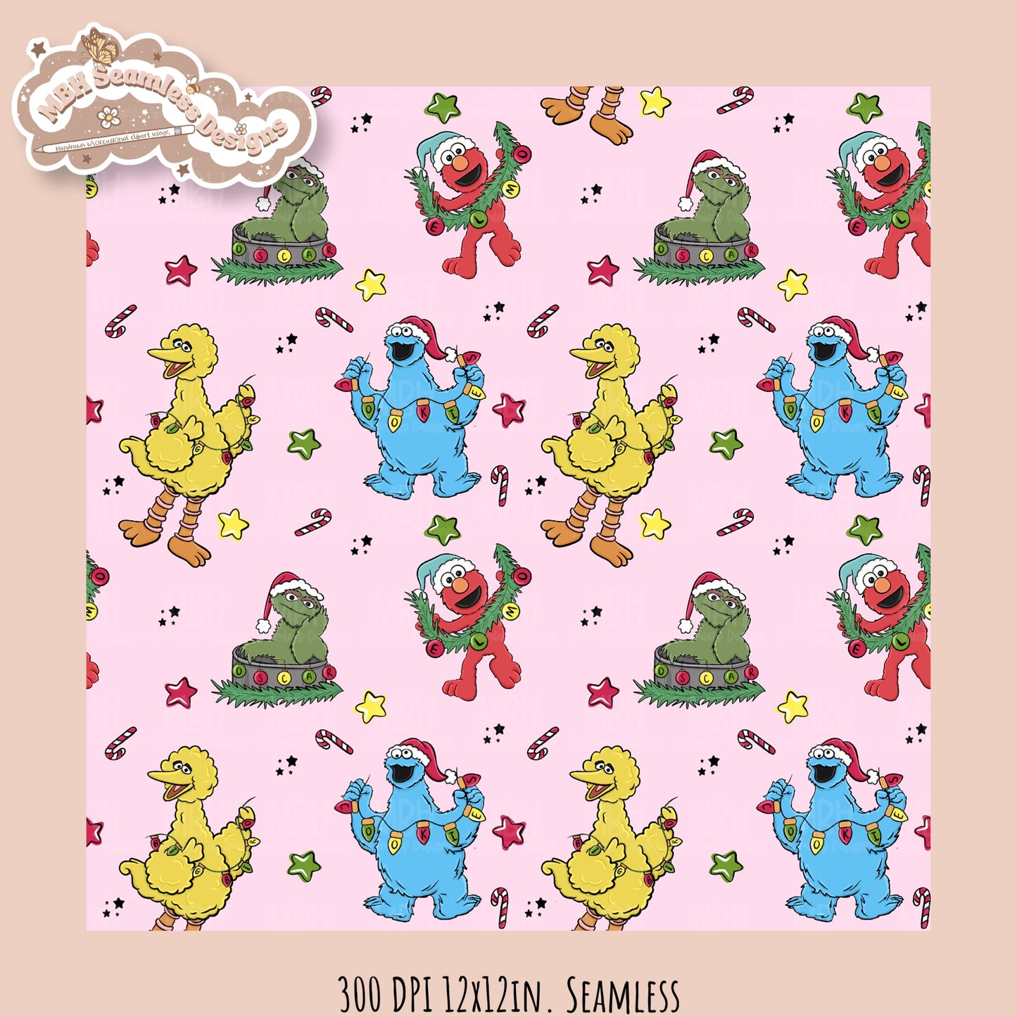 Christmas Sesame Street Seamless Pattern // PNG // Assorted Colorways
