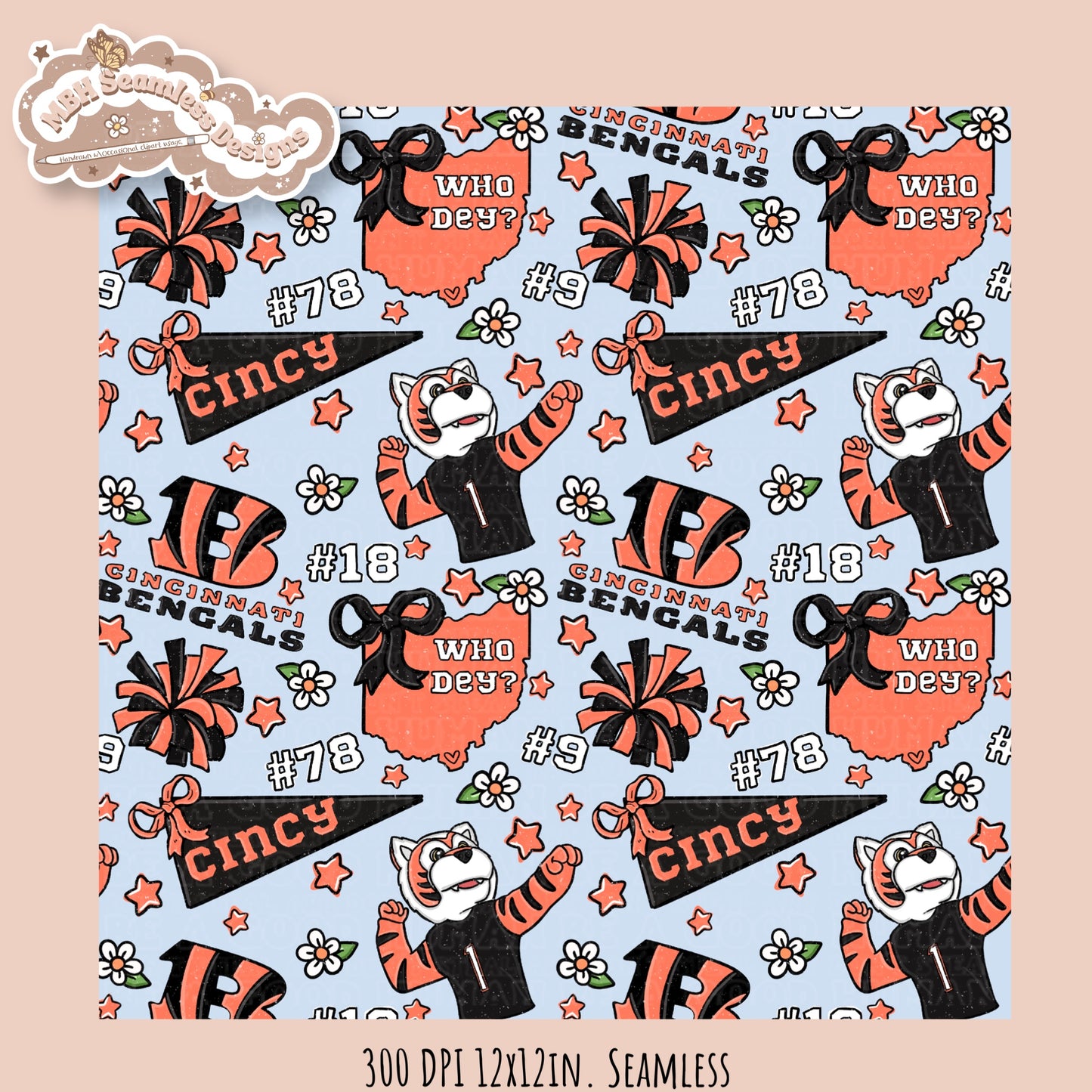Bengals x Daisies Football Seamless Pattern // Assorted Colorways