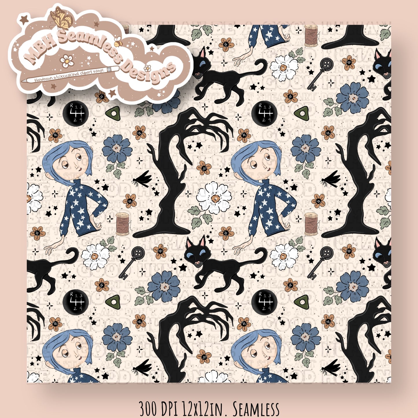 EXCLUSIVE Boho Floral Button Eye Girl & Coordinate Seamless Pattern (NO FABRIC SHOPS)