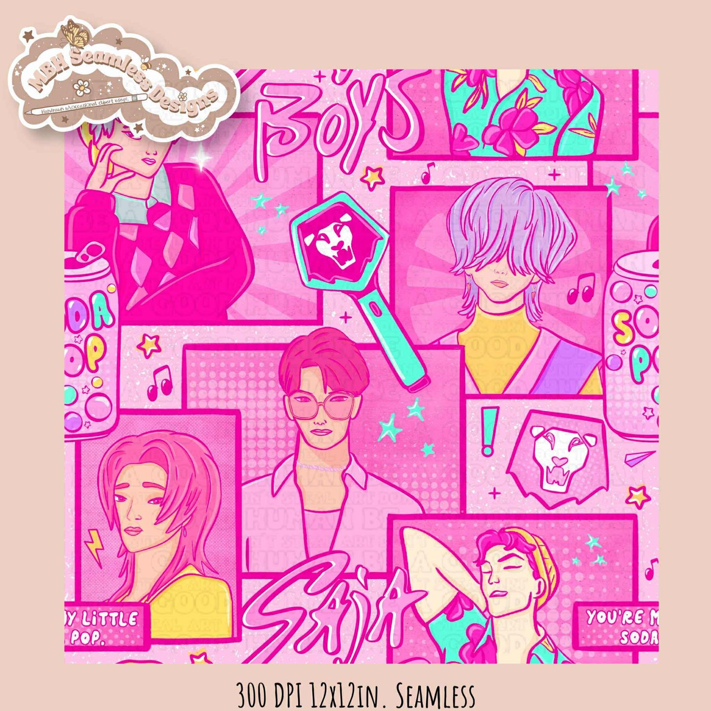 Pink Comic Soda Pop Boys Seamless Pattern // Assorted Colorway Options