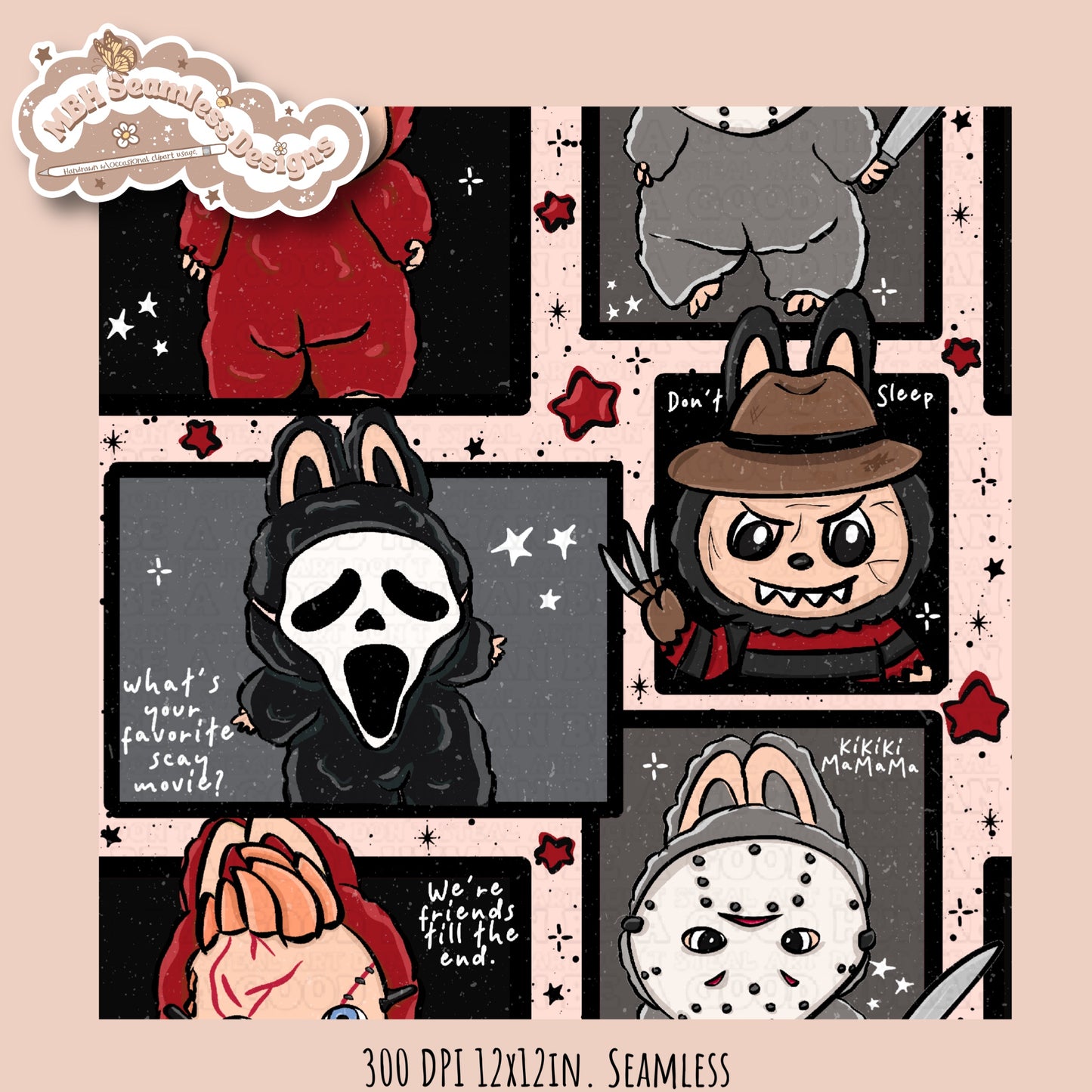 Labubu x Horror Seamless Pattern // PNG // Multiple Colorway Options
