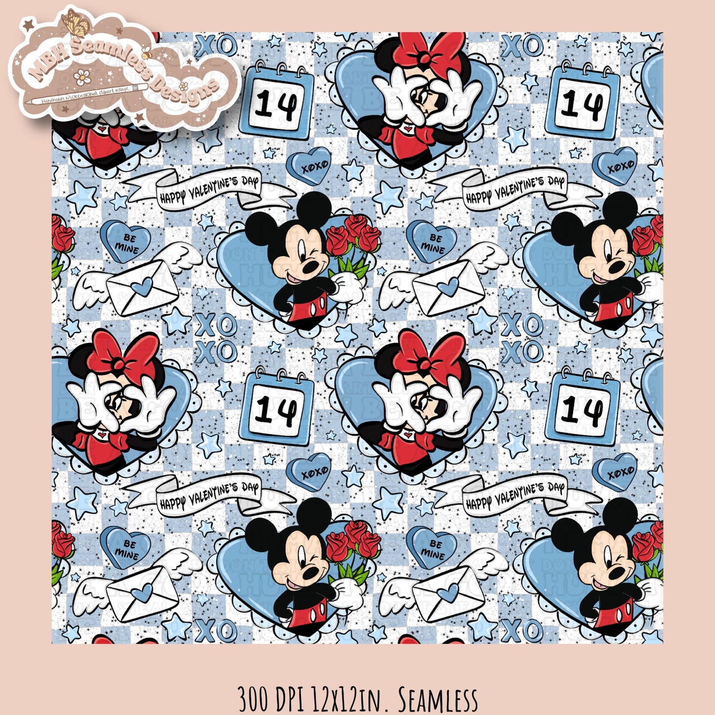 Blue Hearts Mouse Valentine Seamless Pattern Multiple Colorways