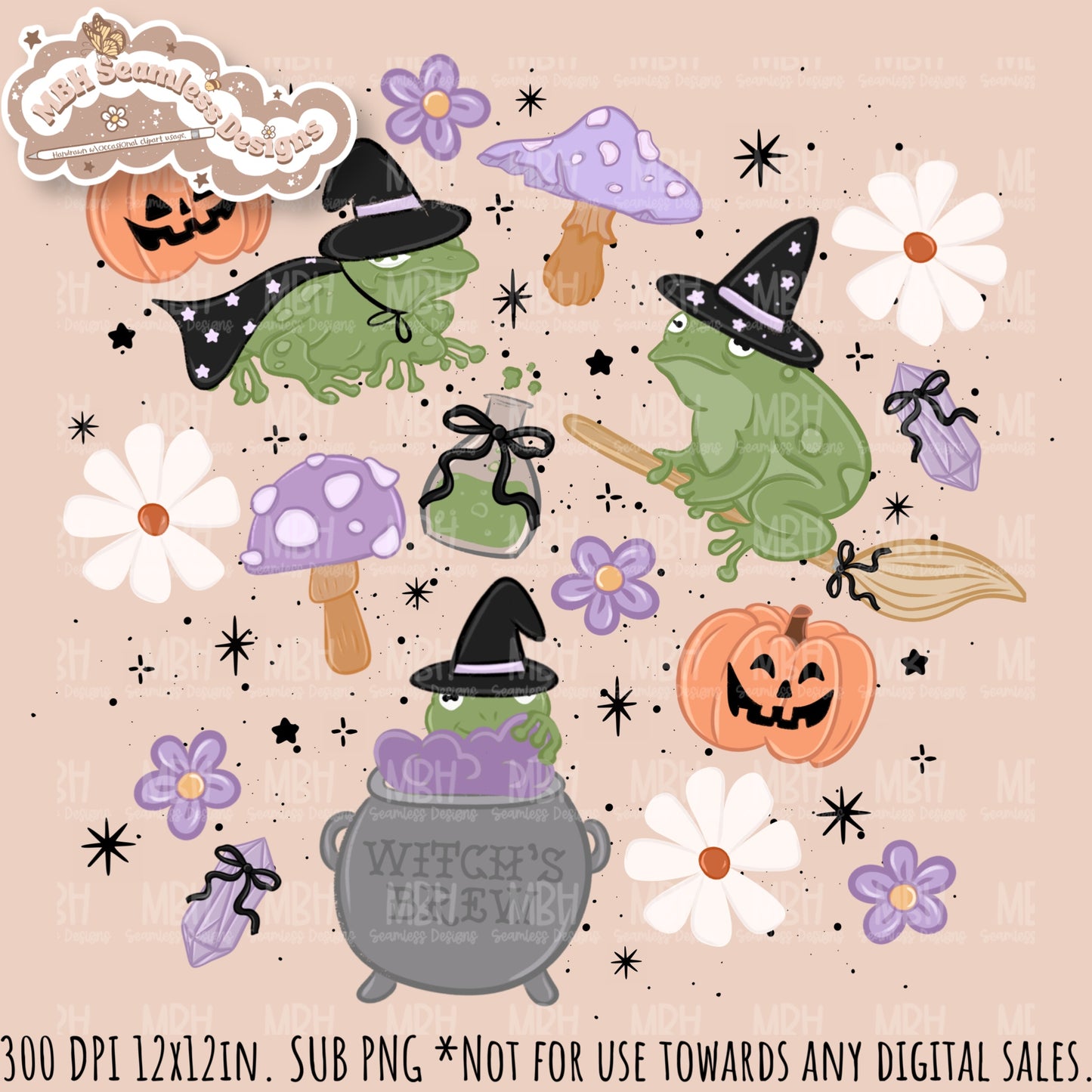 Coquette Witchy Frogs Seamless Pattern•PNG•Multiple Colorways