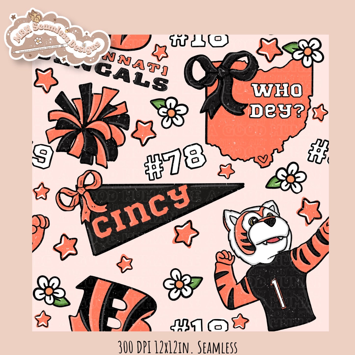 Bengals x Daisies Football Seamless Pattern // Assorted Colorways