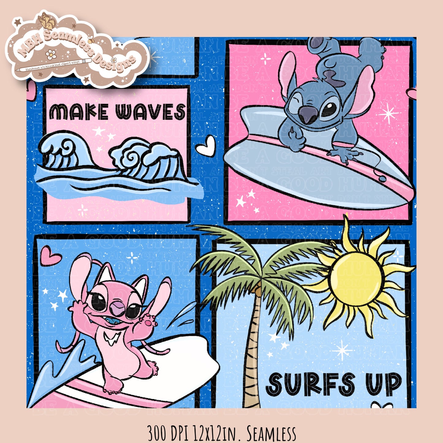 Angel & Stitch Surf Seamless Pattern•Multiple Colorway Options