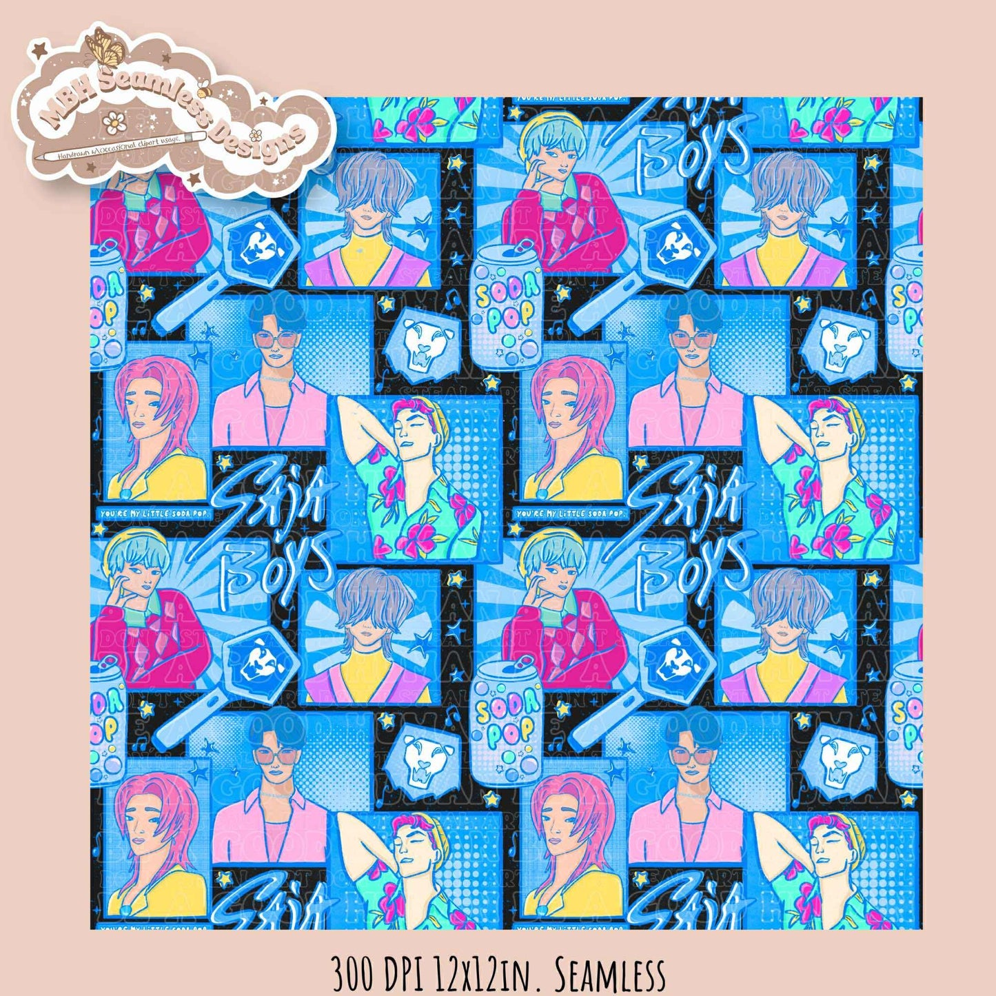 Blue Comic Soda Pop Boys Seamless Pattern // Assorted Colorway Options