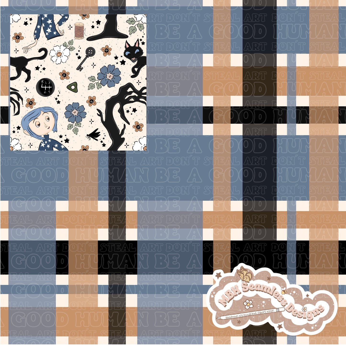 EXCLUSIVE Boho Floral Button Eye Girl & Coordinate Seamless Pattern (NO FABRIC SHOPS)