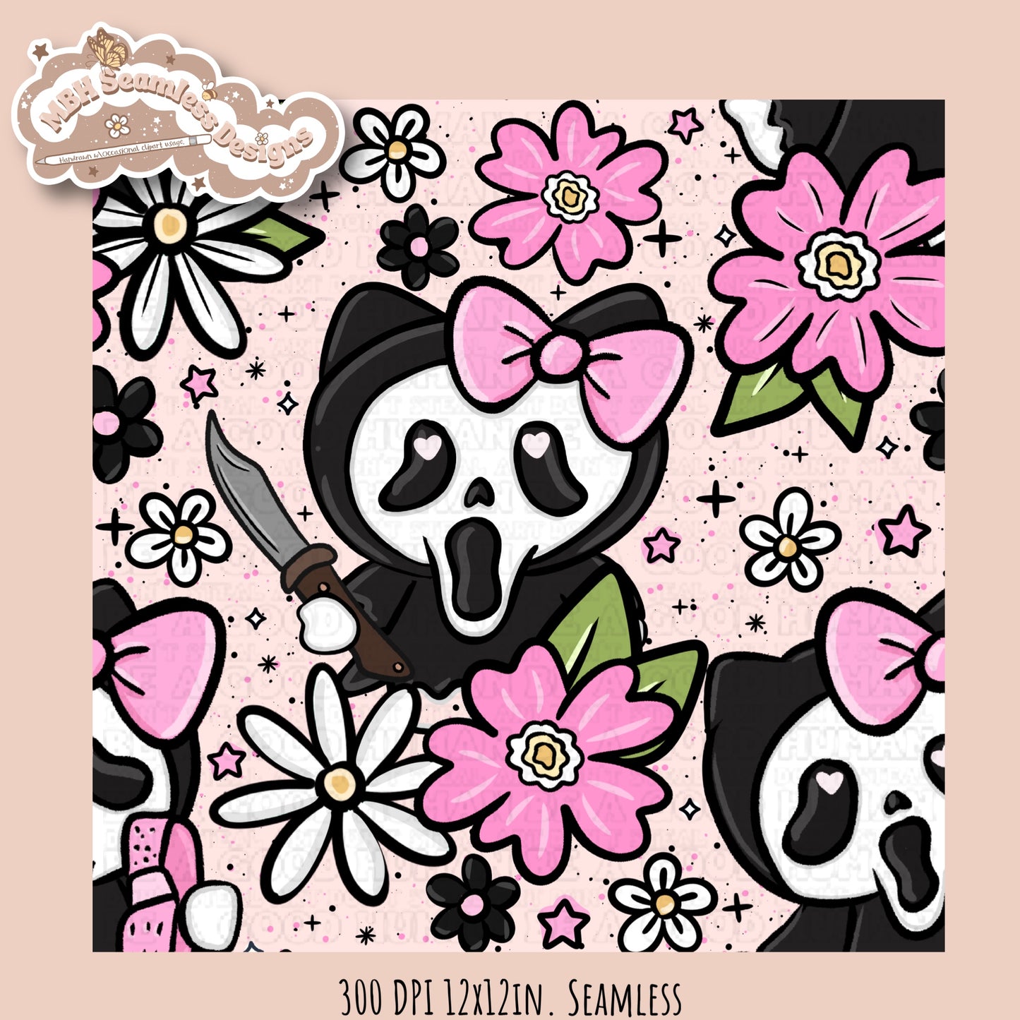 HK X Scream Tattoo Floral Seamless Pattern // PNG // Multiple Colorway Options