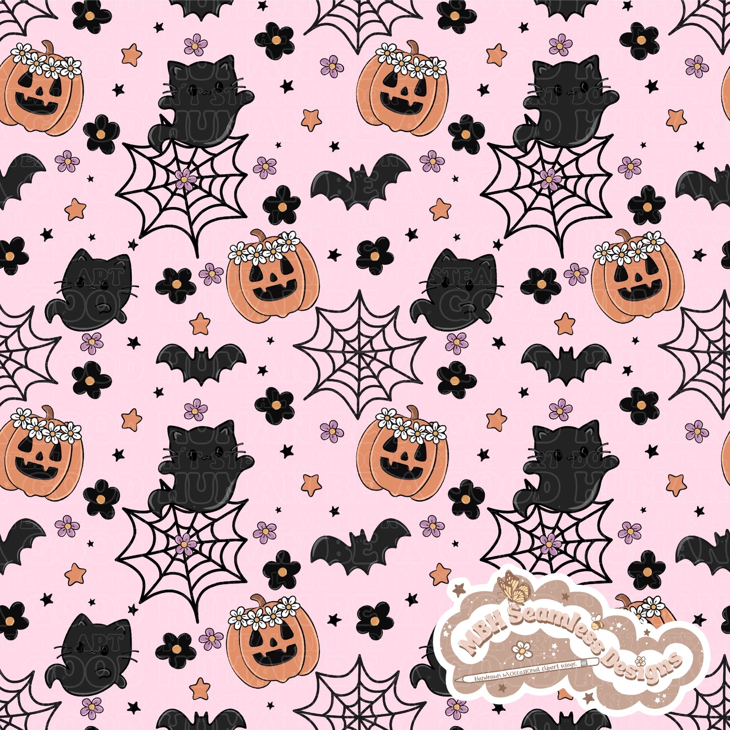 Spooky Floral Ghost Cats Seamless Pattern MULTIPLE COLORWAYS // COORDINATE