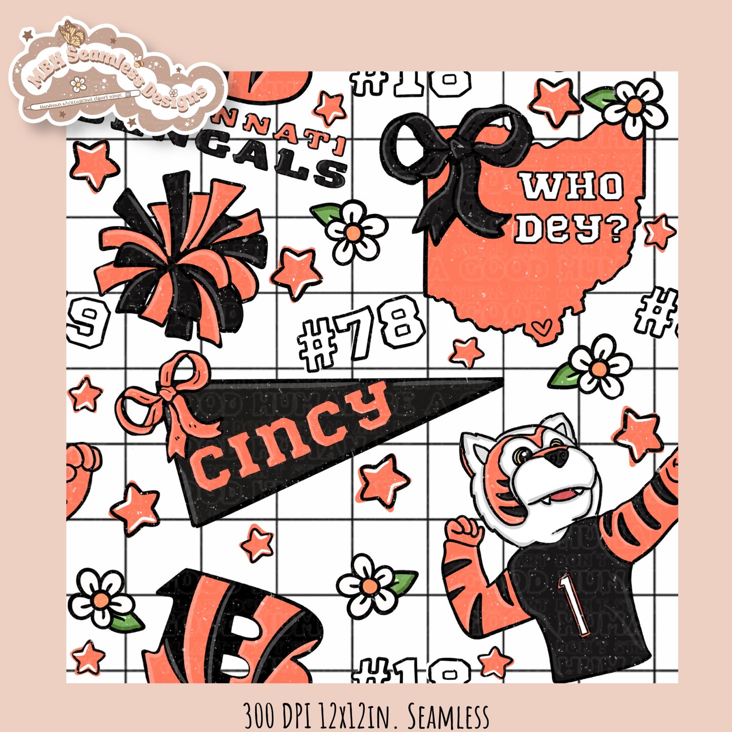 Bengals x Daisies Football Seamless Pattern // Assorted Colorways