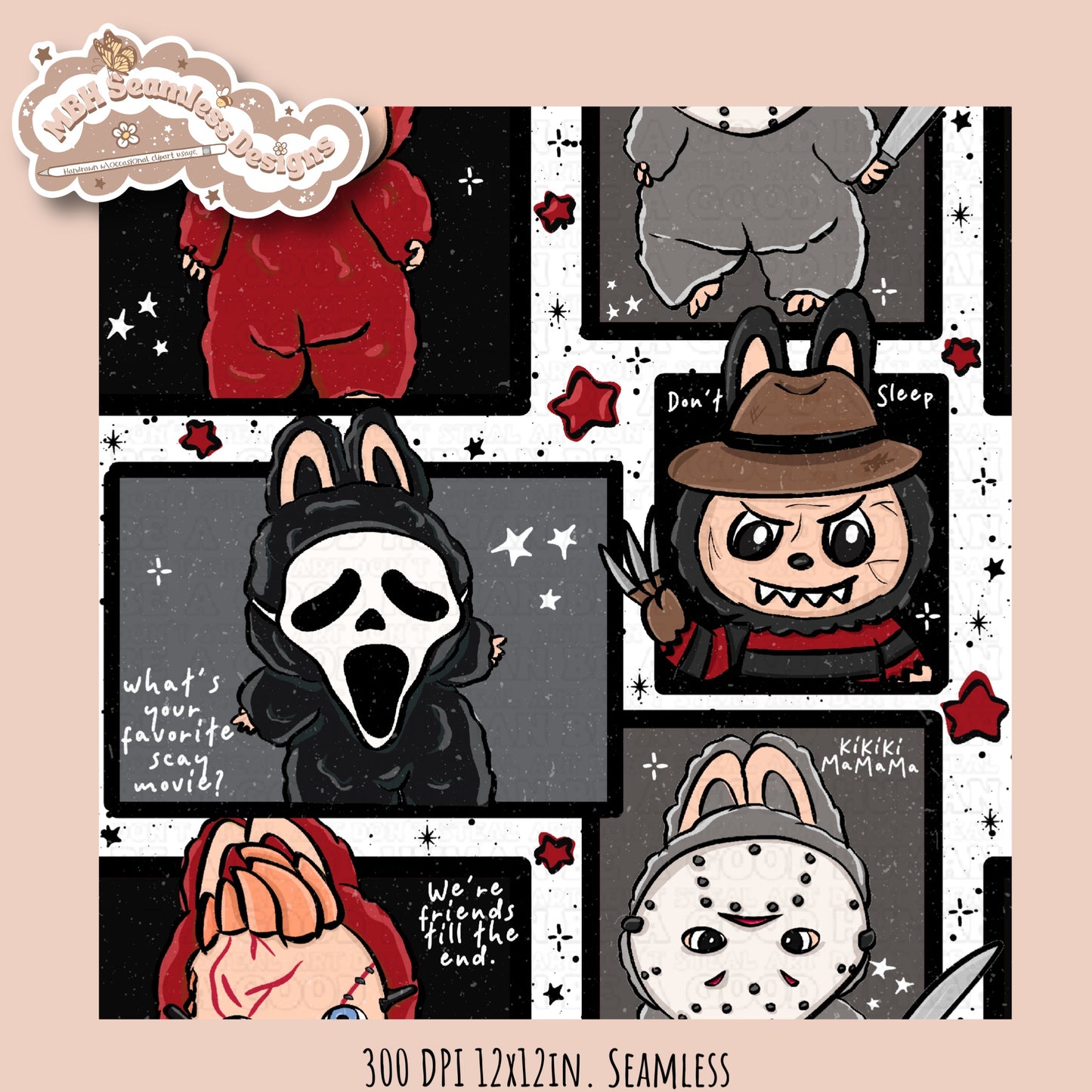 Labubu x Horror Seamless Pattern // PNG // Multiple Colorway Options