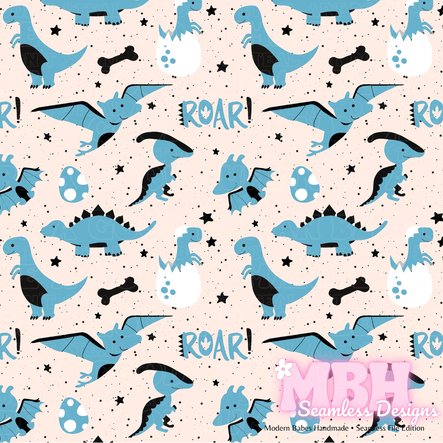 Starry Blue Dinosaurs Seamless Pattern