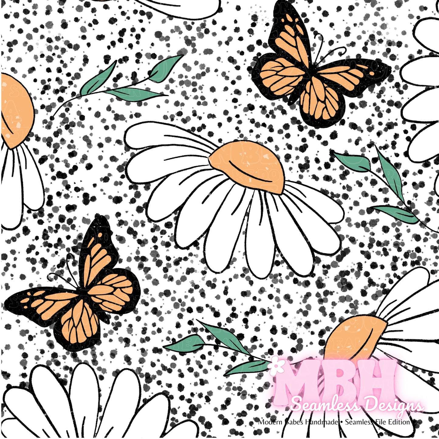 Spotted Butterfly Daisies Seamless Pattern