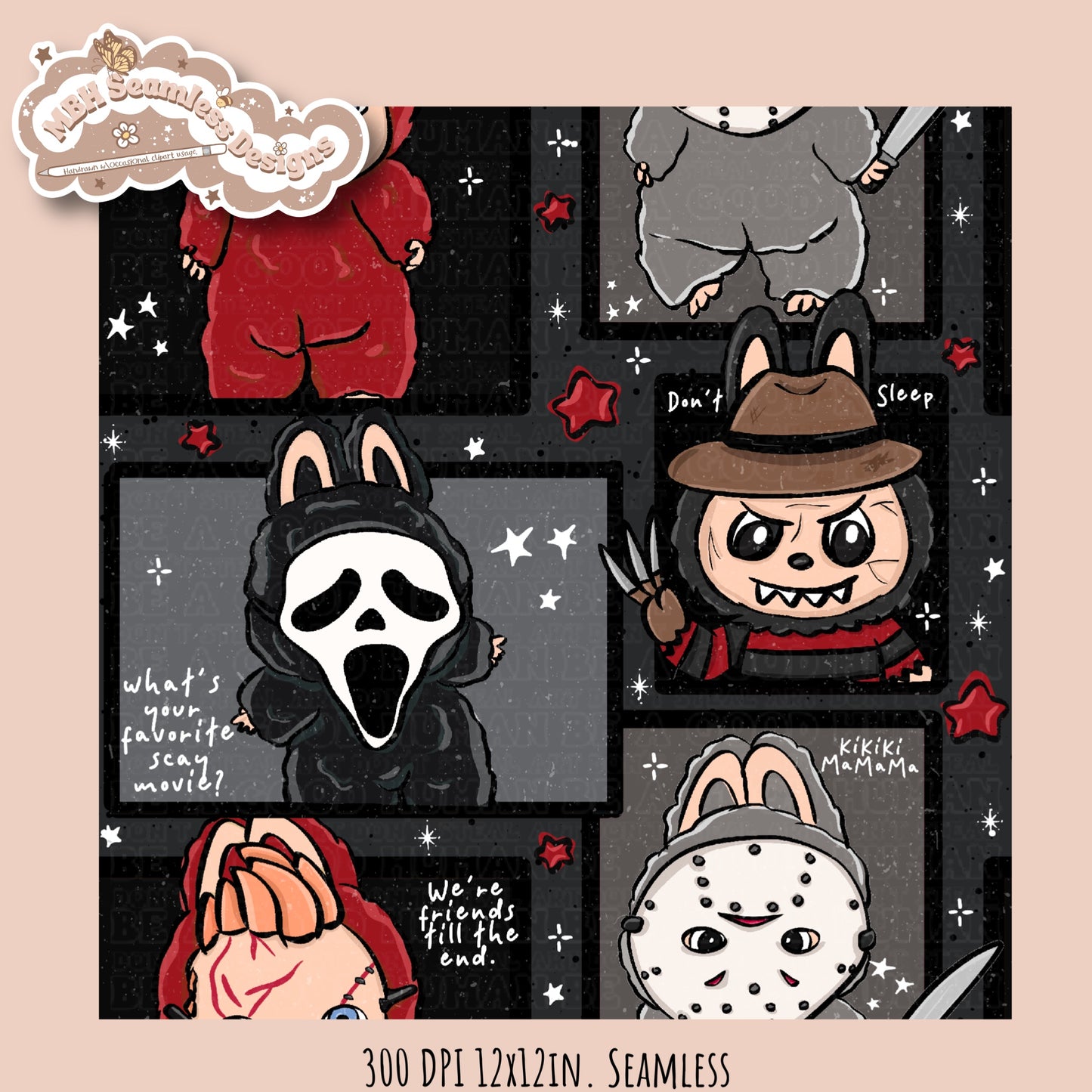Labubu x Horror Seamless Pattern // PNG // Multiple Colorway Options