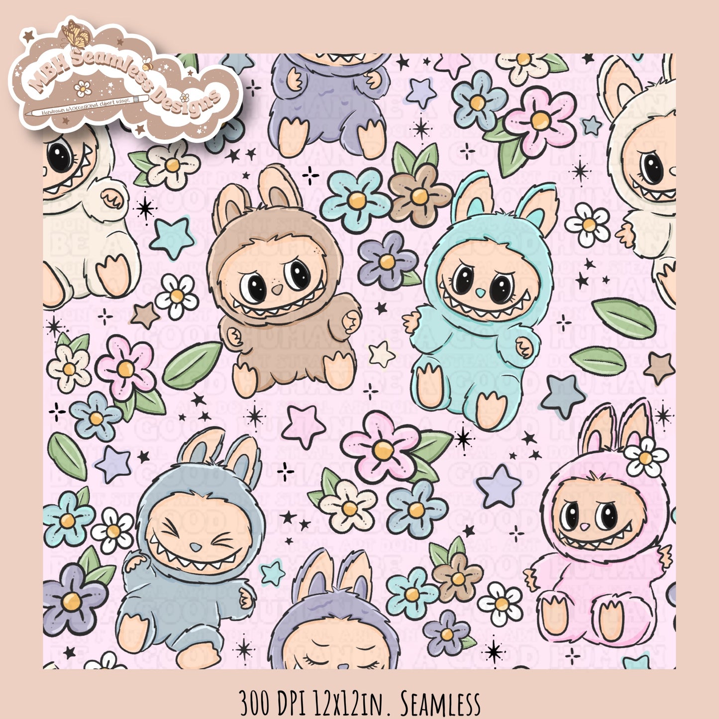 Labubu Floral Seamless Pattern & PNGs Assorted Colorway Options