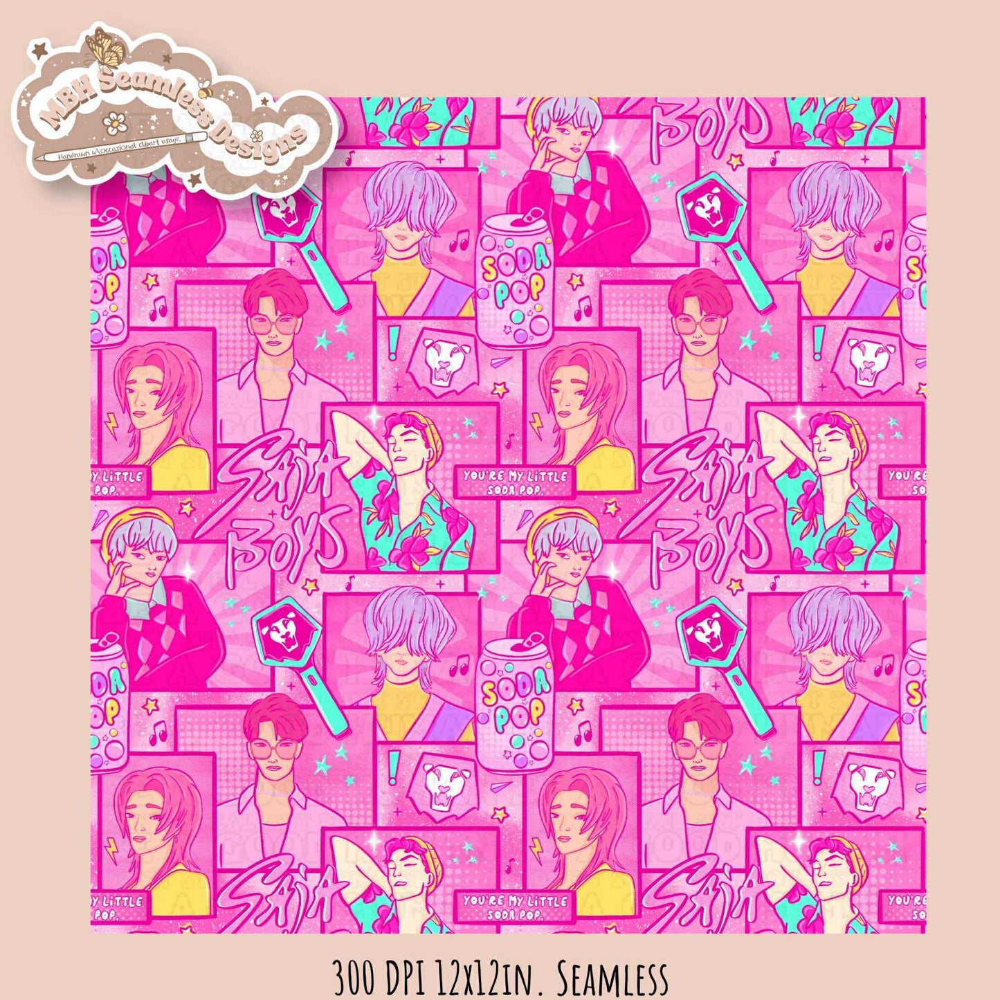 Pink Comic Soda Pop Boys Seamless Pattern // Assorted Colorway Options