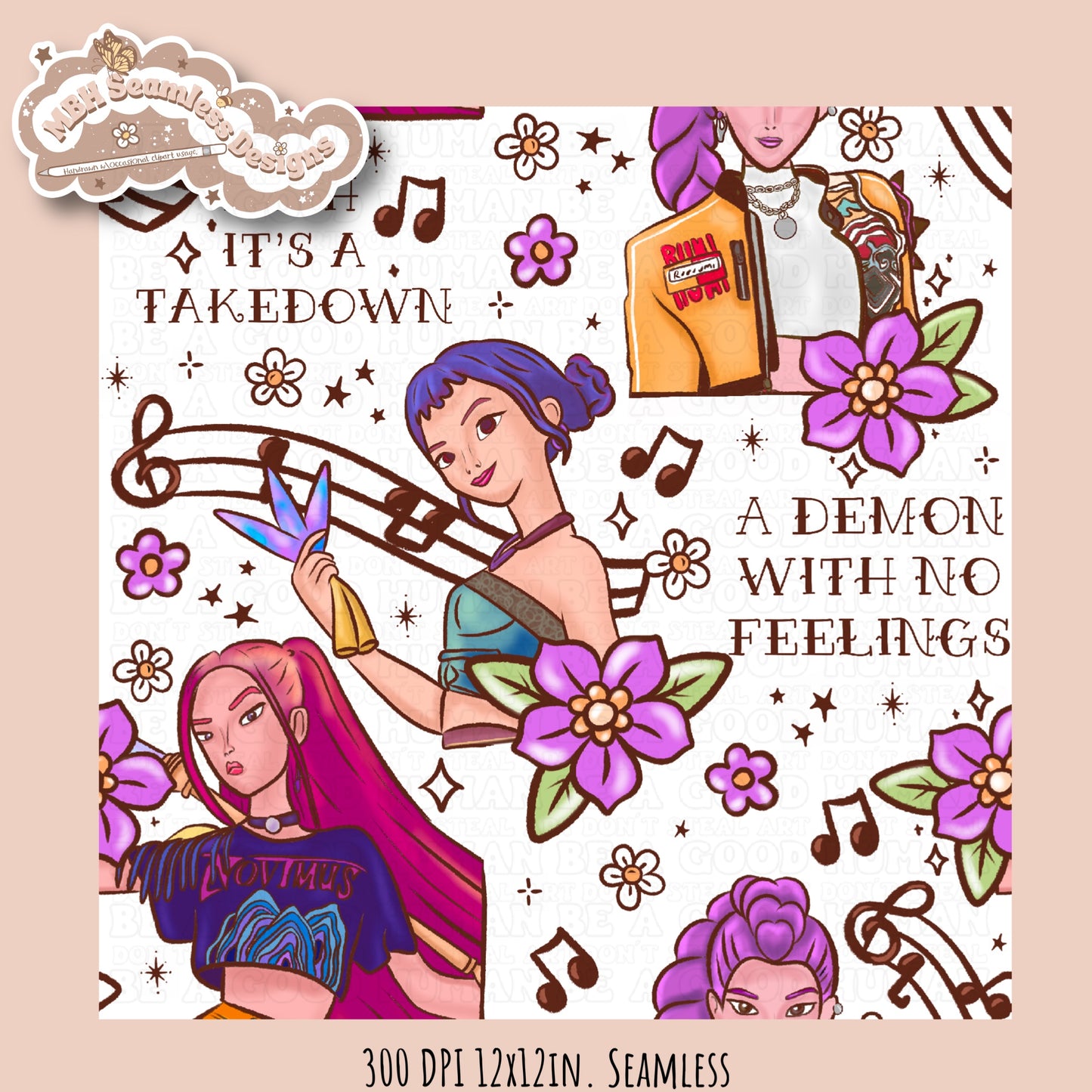 Demon Hunters x Tattoo Lyrics Seamless Pattern // PNG // Assorted Colorways