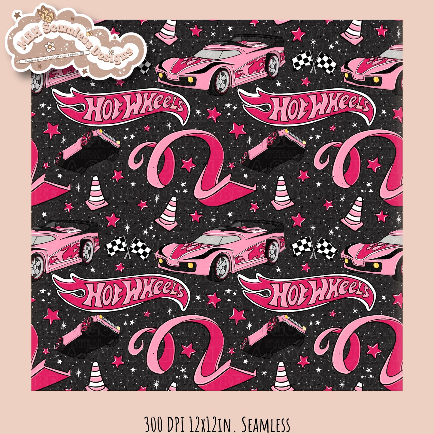 Girly Hot Wheels Seamless Pattern Multiple Colorways
