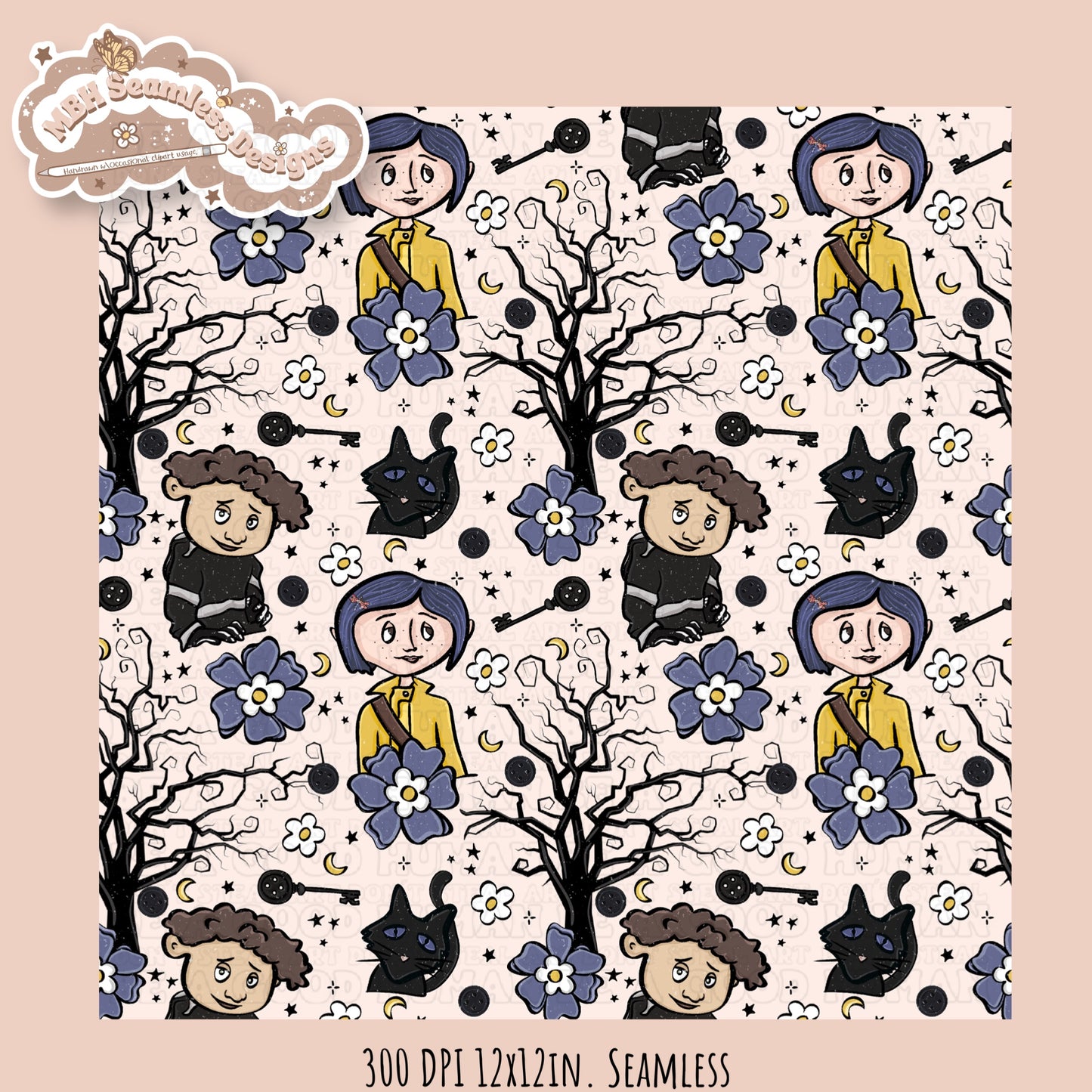 Bohemian Floral Button Eye Girl Seamless Pattern // PNG // Assorted Colorway Options