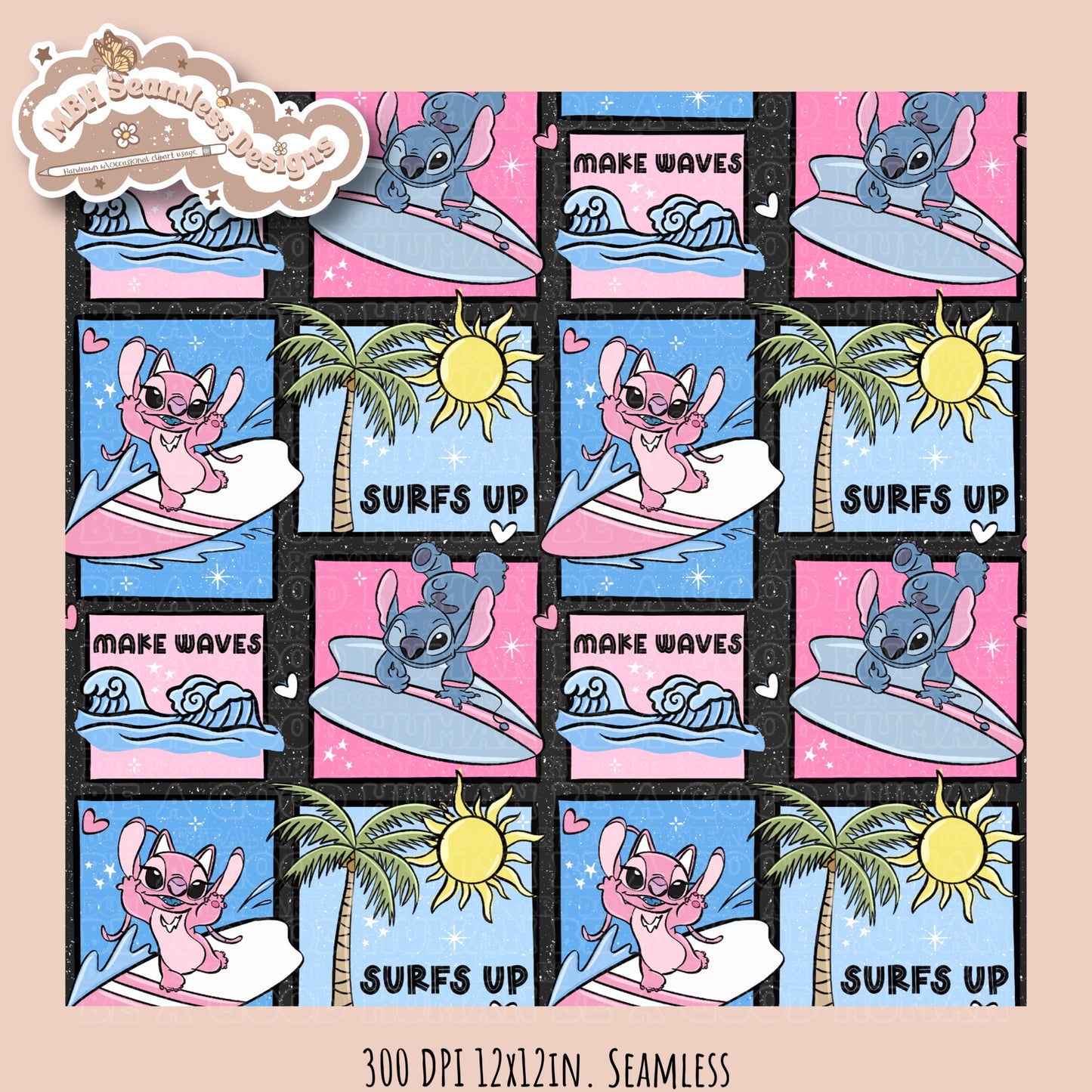 Angel & Stitch Surf Seamless Pattern•Multiple Colorway Options