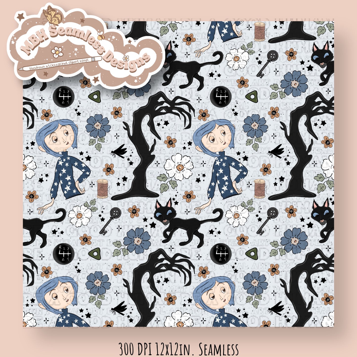 EXCLUSIVE Boho Floral Button Eye Girl & Coordinate Seamless Pattern (NO FABRIC SHOPS)