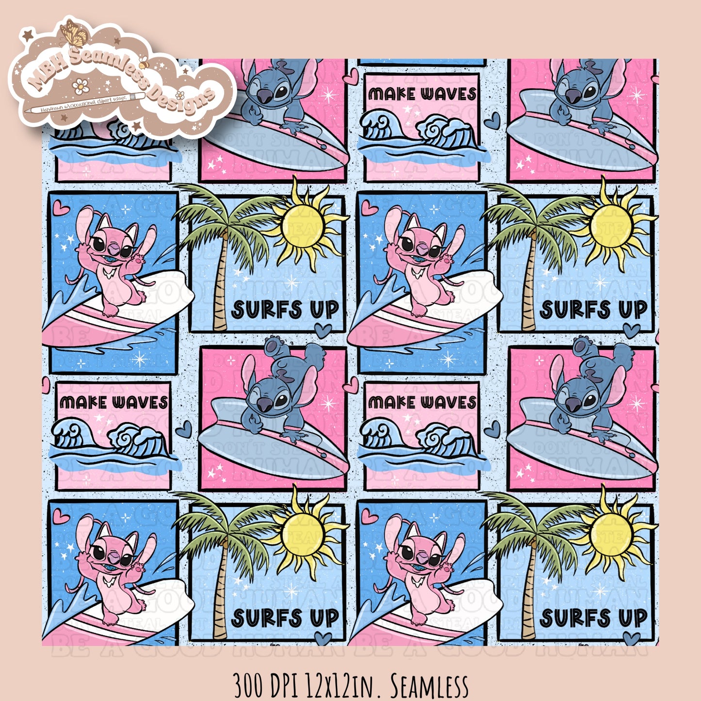 Angel & Stitch Surf Seamless Pattern•Multiple Colorway Options