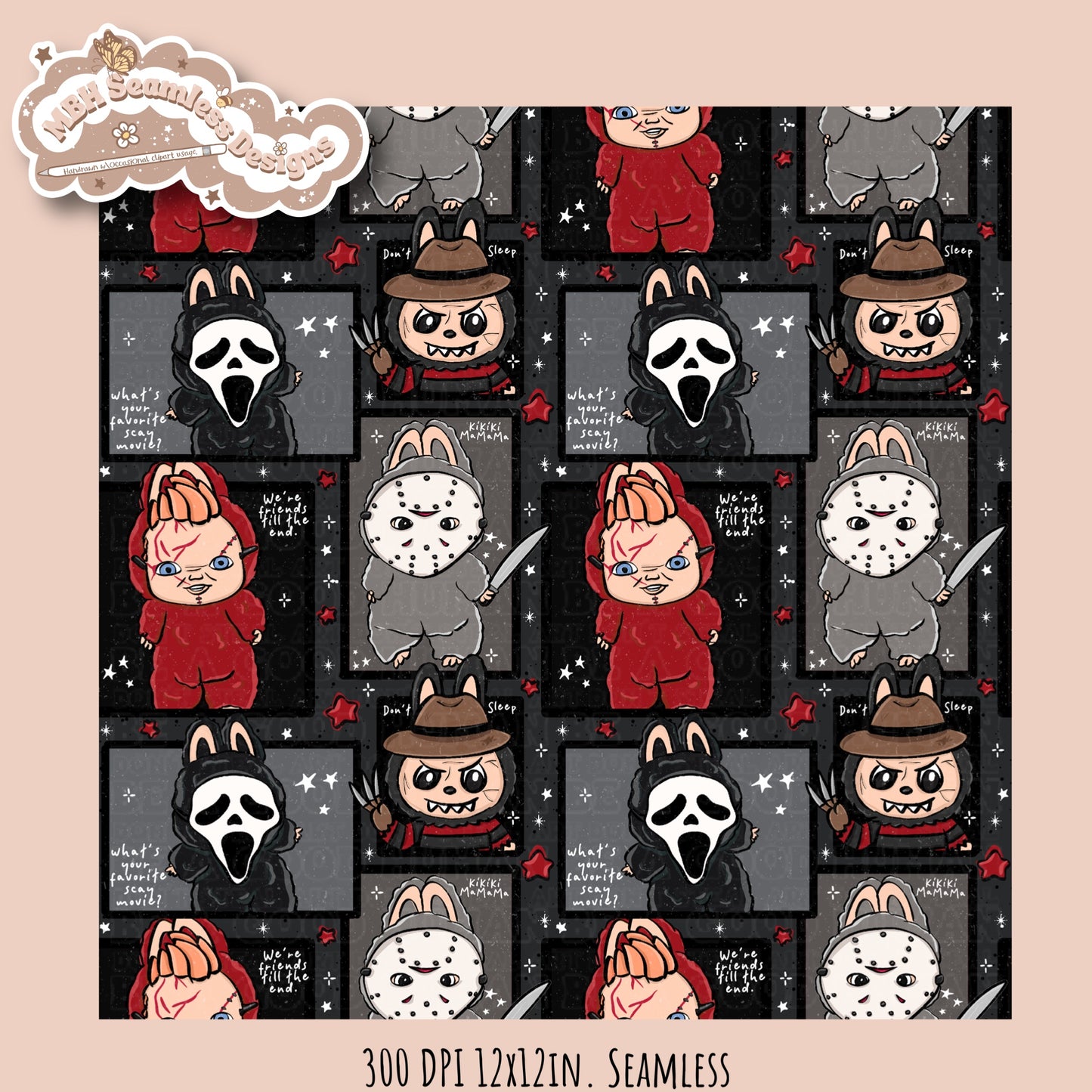 Labubu x Horror Seamless Pattern // PNG // Multiple Colorway Options