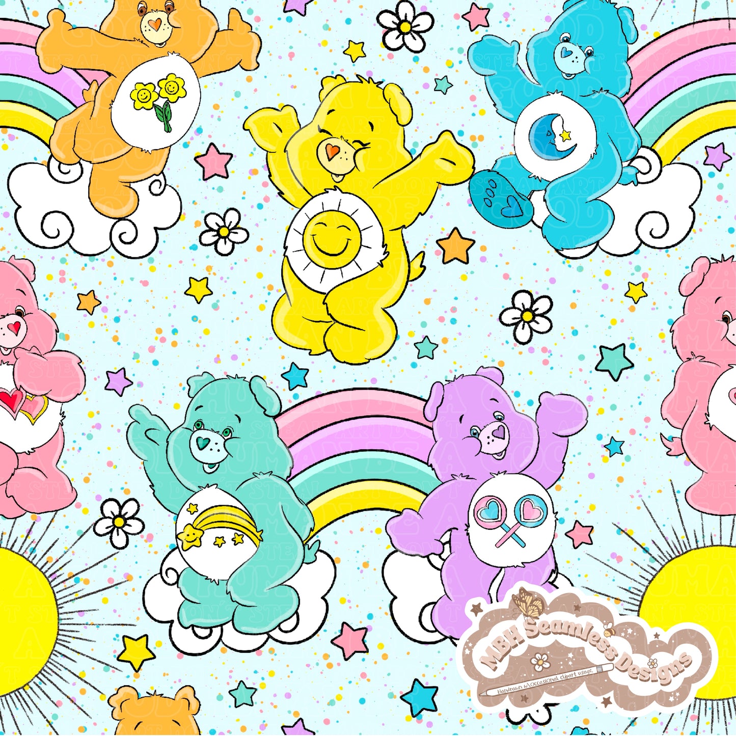 Starry Daisy Care Bears Seamless Pattern & PNG MULTIPLE COLORWAYS