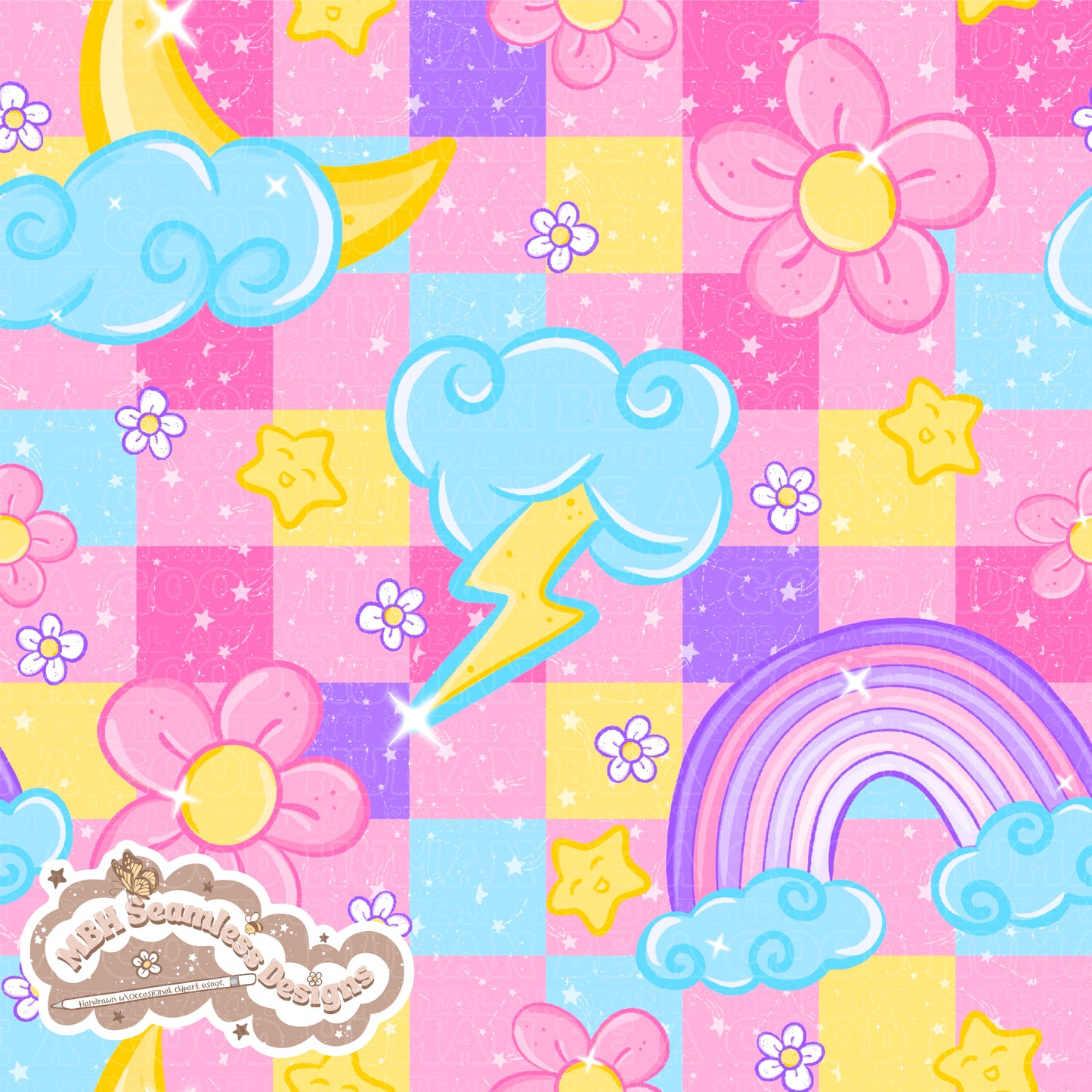 Checkered Starry Floral Rainbow Skies Seamless Pattern MULTIPLE COLORWAYS