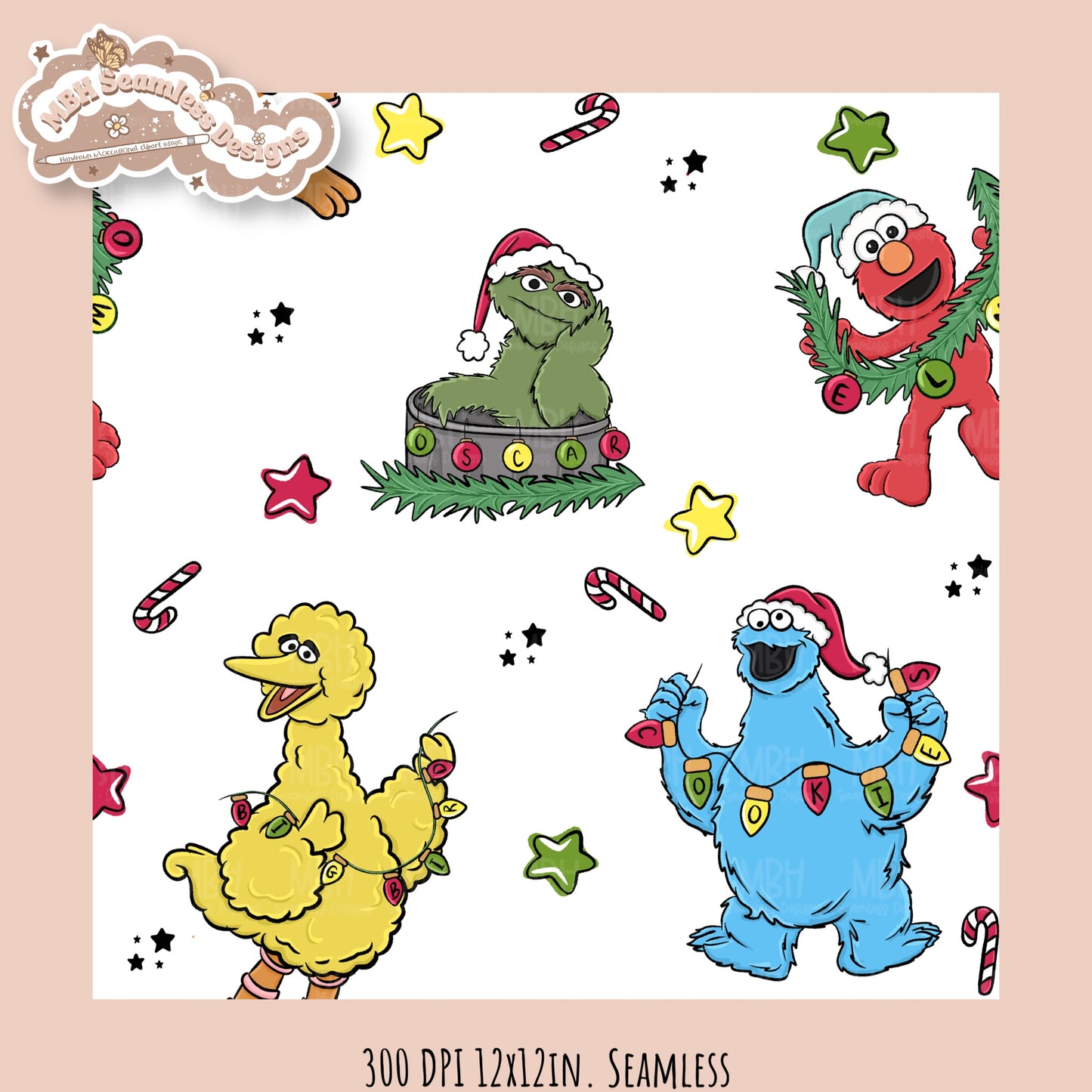 Christmas Sesame Street Seamless Pattern // PNG // Assorted Colorways