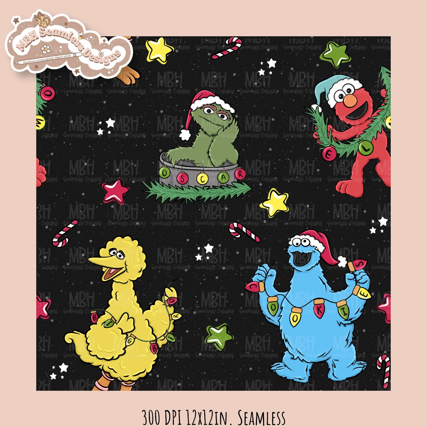 Christmas Sesame Street Seamless Pattern // PNG // Assorted Colorways