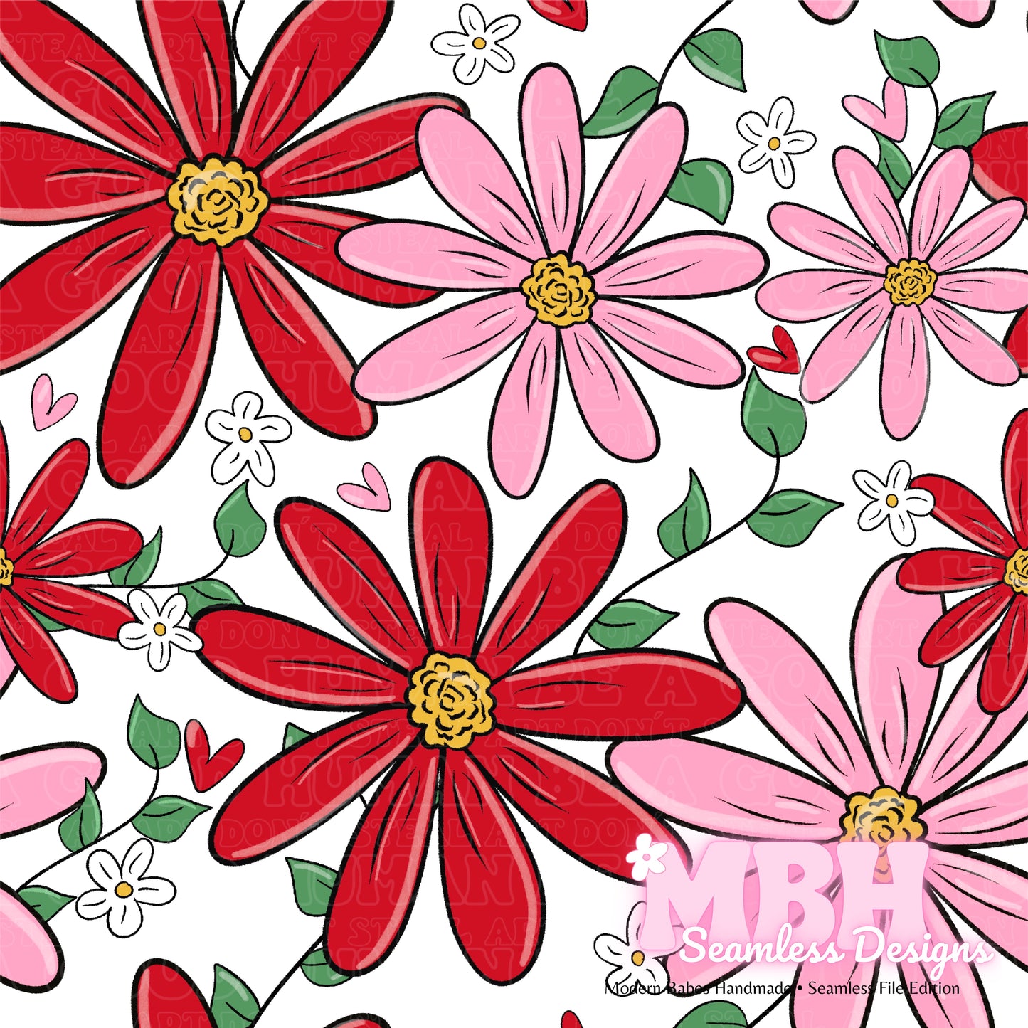 Pink Red Floral Hearts Seamless Patterns
