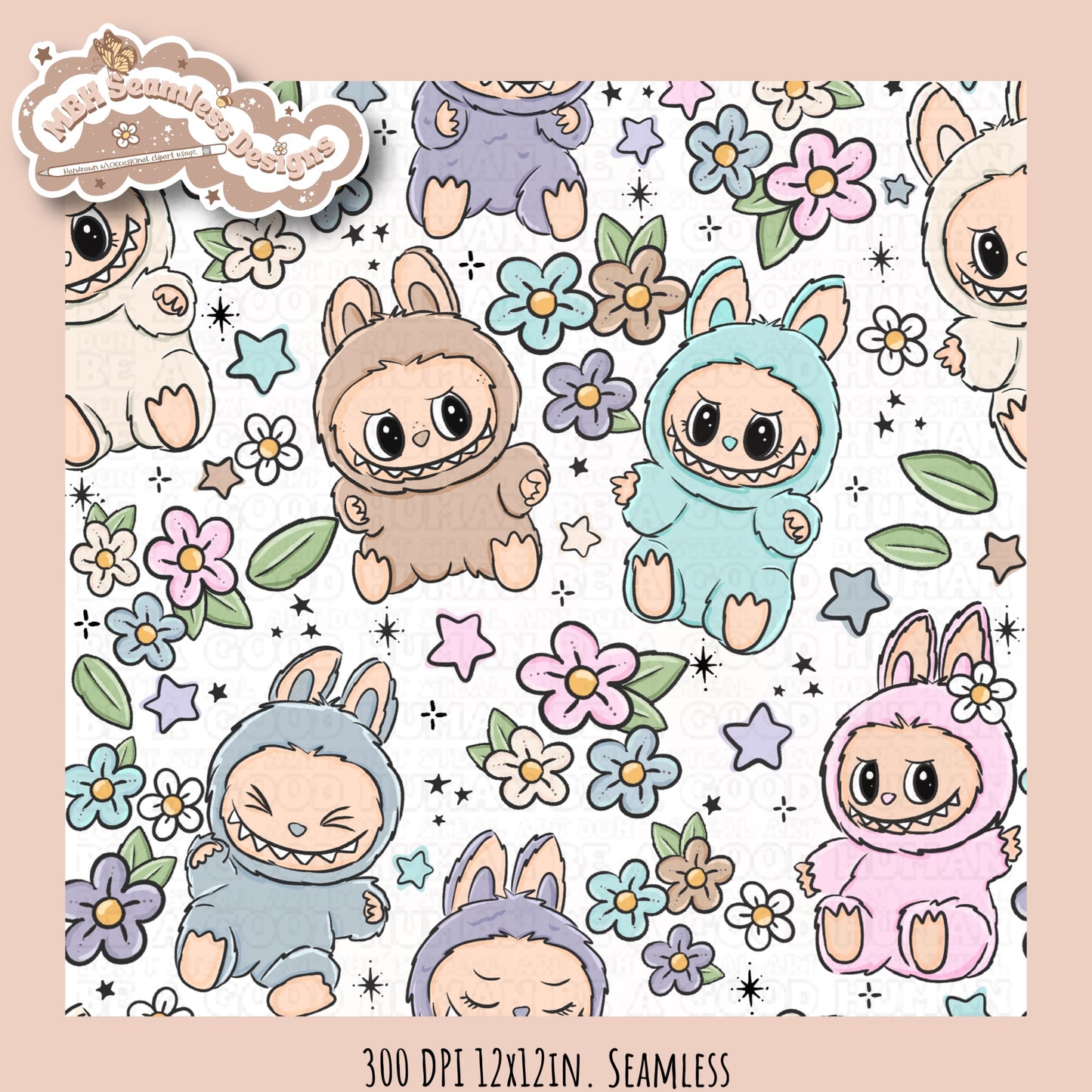 Labubu Floral Seamless Pattern & PNGs Assorted Colorway Options
