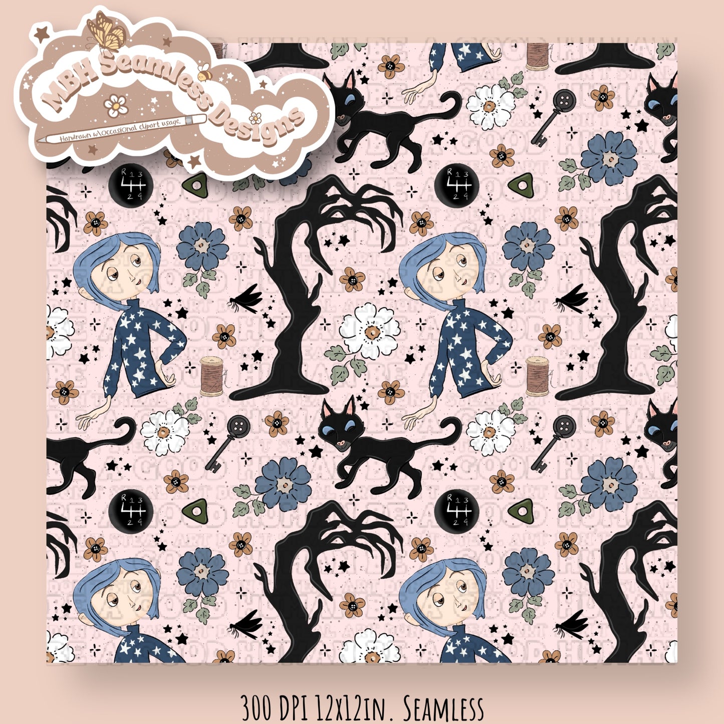 EXCLUSIVE Boho Floral Button Eye Girl & Coordinate Seamless Pattern (NO FABRIC SHOPS)
