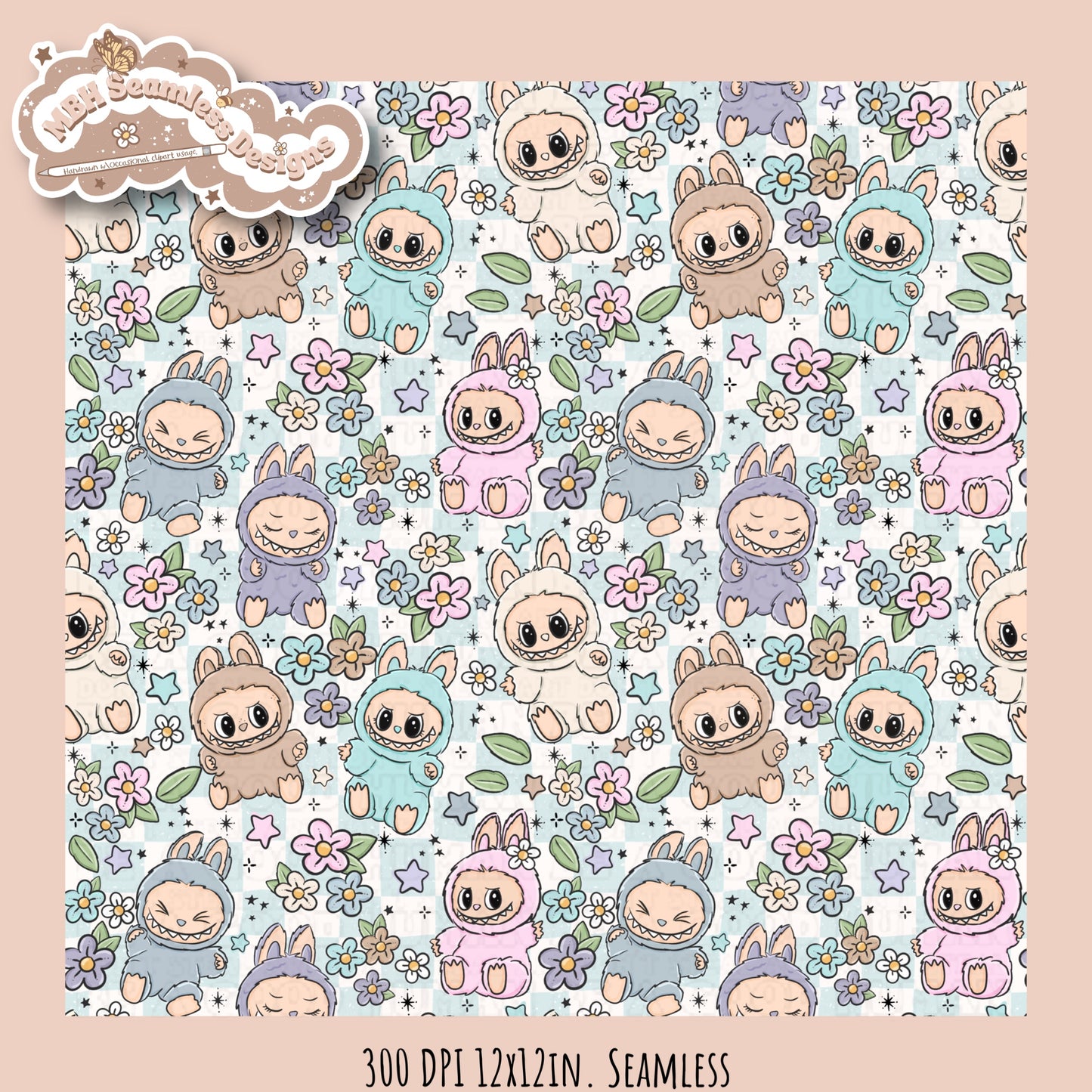 Labubu Floral Seamless Pattern & PNGs Assorted Colorway Options