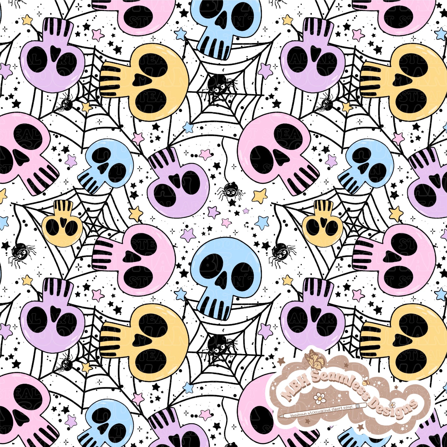 Pastel Spiderweb Skulls Seamless Pattern // COORDS • MULTIPLE COLORWAYS