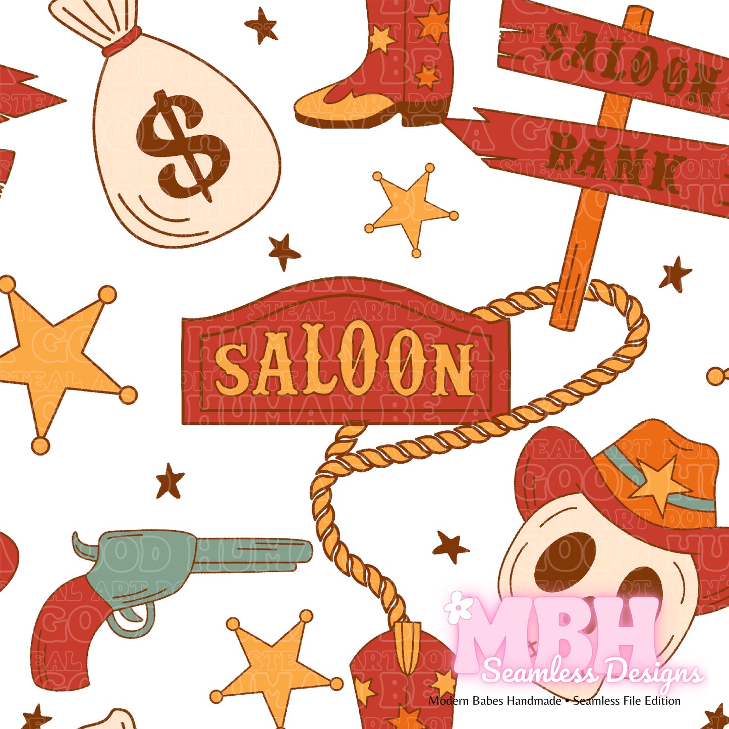 Groovy Cowboy Skull Seamless Pattern & PNG