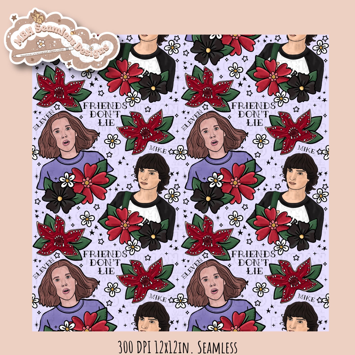 Stranger Things x Tattoo Floral Seamless Pattern // PNG //Multiple Colorways