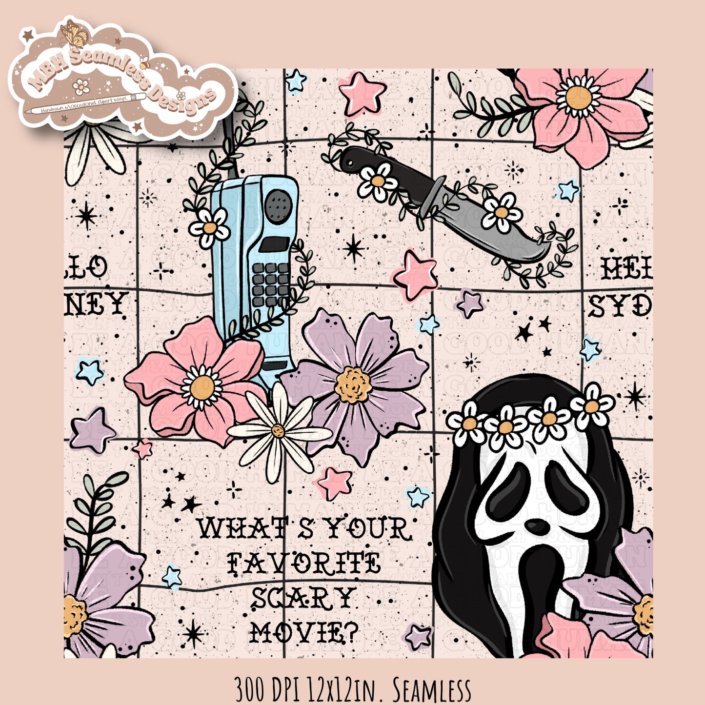 Scream x Tattoo Floral Seamless Pattern // PNG //Multiple Colorway Options