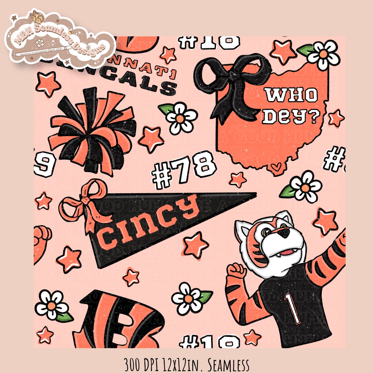 Bengals x Daisies Football Seamless Pattern // Assorted Colorways