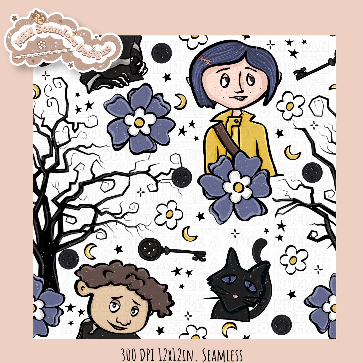 Bohemian Floral Button Eye Girl Seamless Pattern // PNG // Assorted Colorway Options