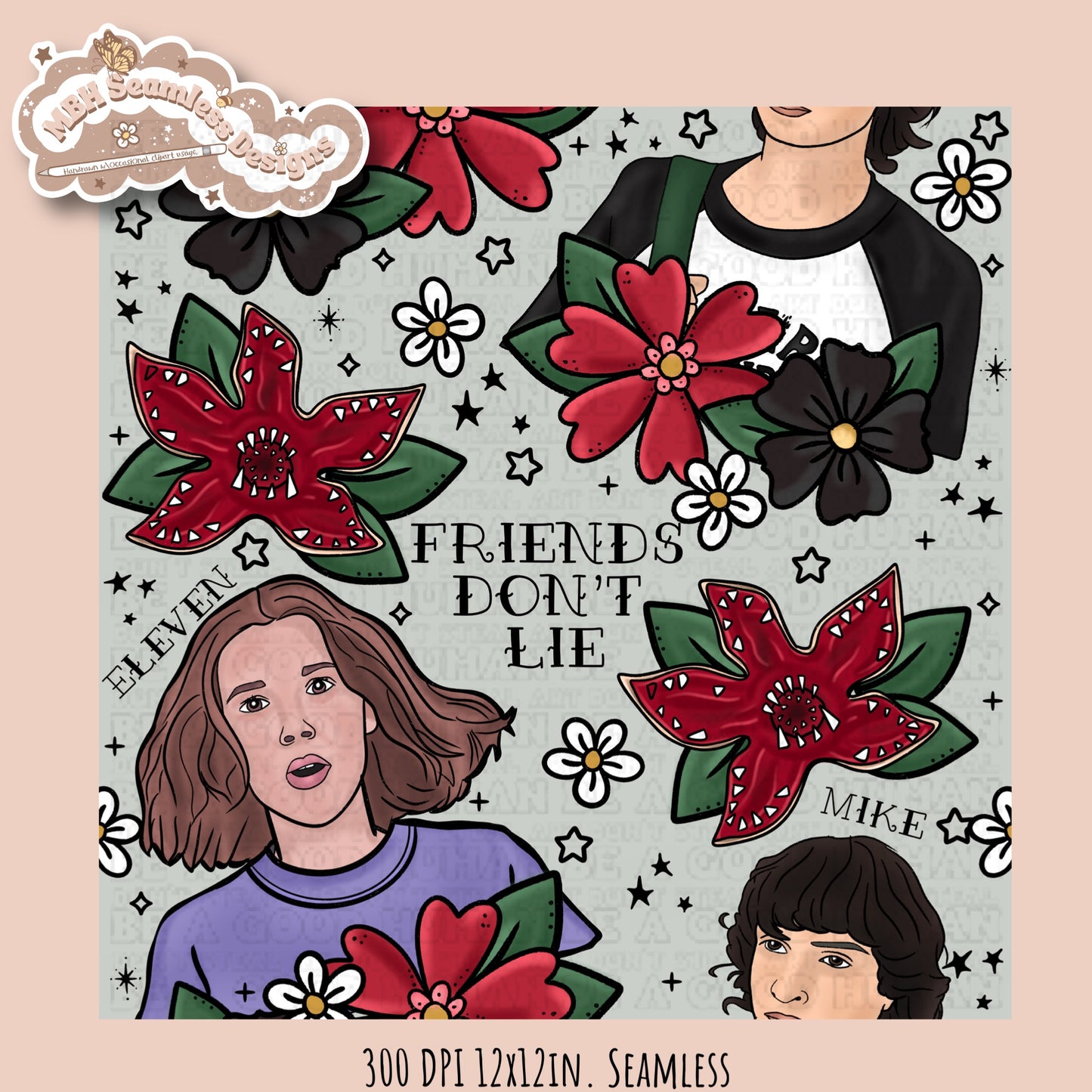 Stranger Things x Tattoo Floral Seamless Pattern // PNG //Multiple Colorways