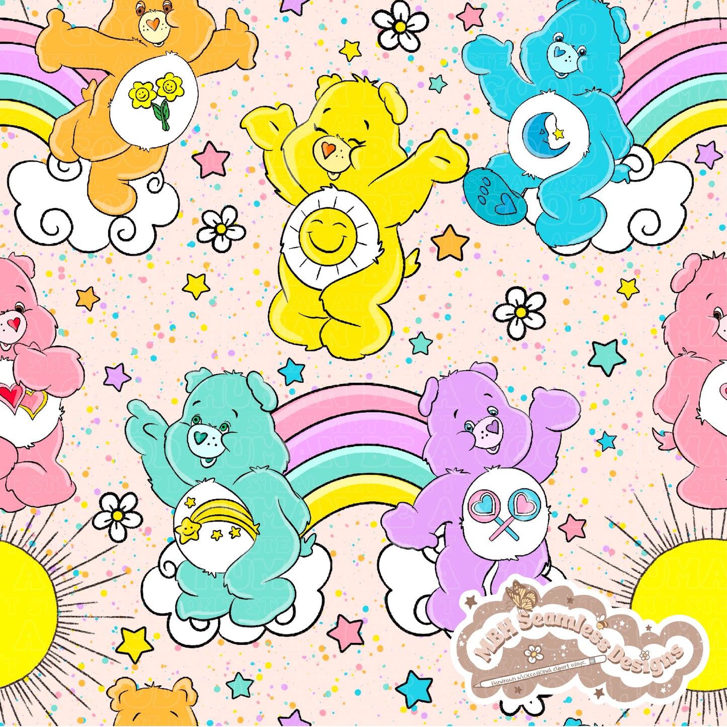 Starry Daisy Care Bears Seamless Pattern & PNG MULTIPLE COLORWAYS