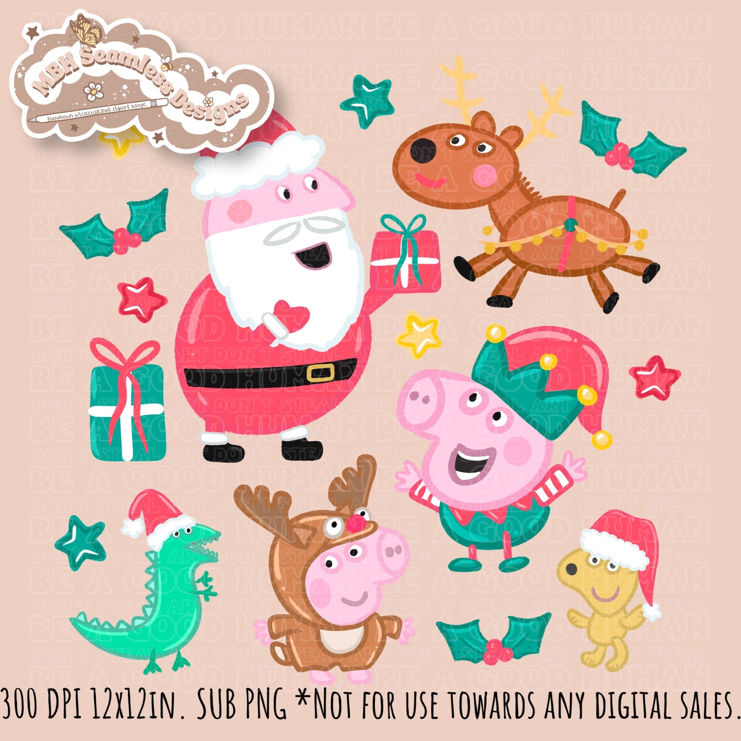 Peppa Christmas Seamless Pattern // PNG // Assorted Colorways