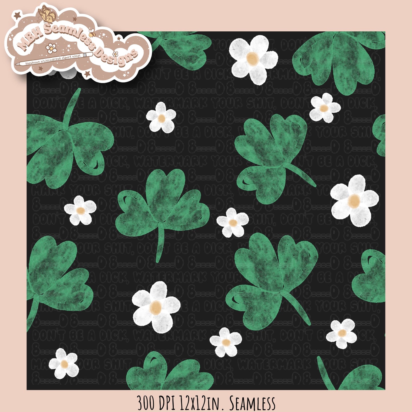 Watercolor Shamrock Daisies Seamless Pattern