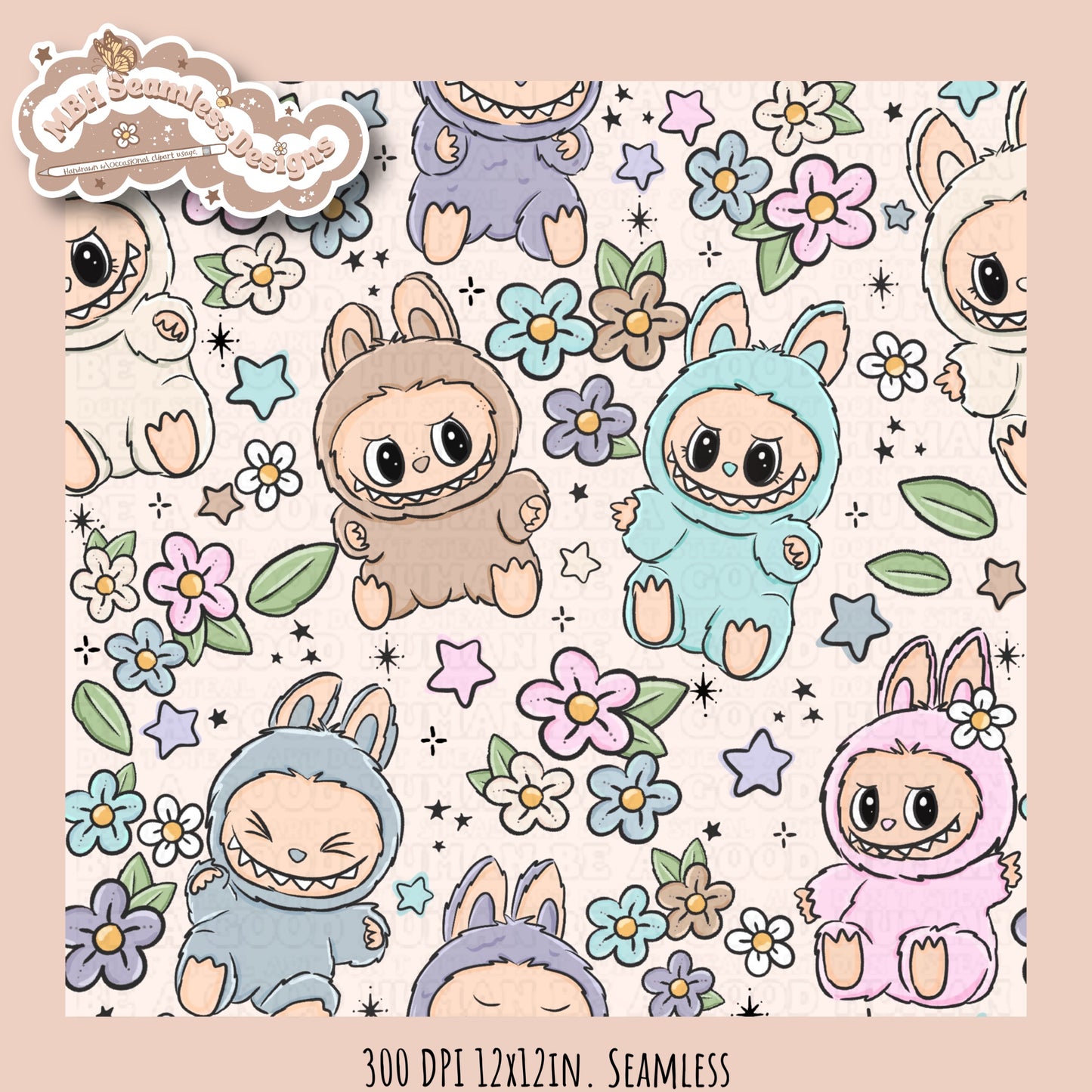 Labubu Floral Seamless Pattern & PNGs Assorted Colorway Options