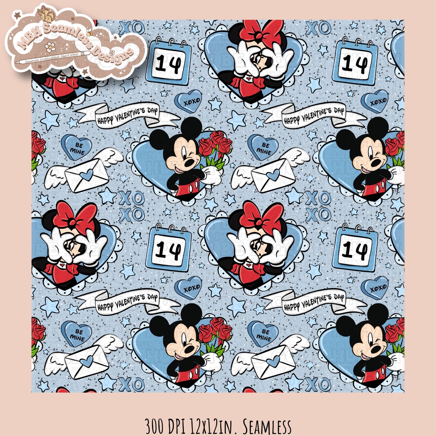 Blue Hearts Mouse Valentine Seamless Pattern Multiple Colorways