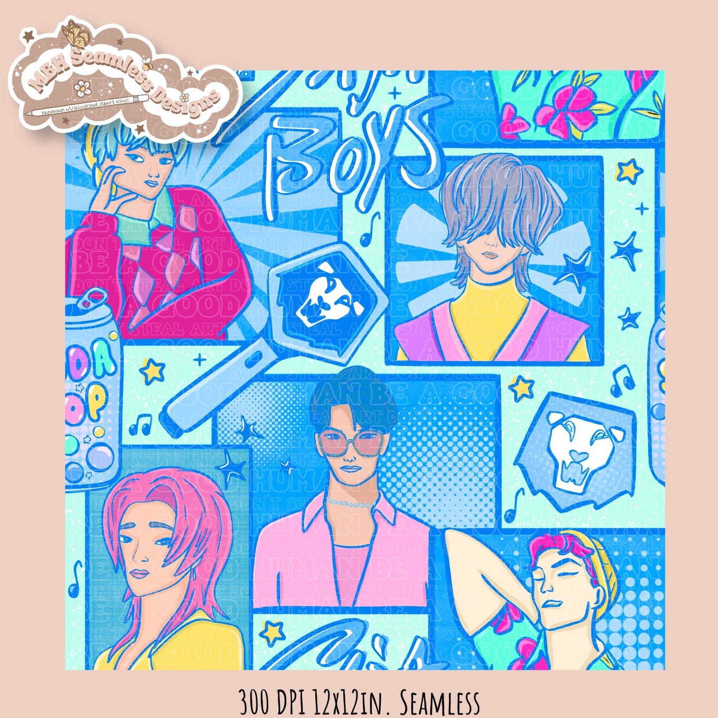 Blue Comic Soda Pop Boys Seamless Pattern // Assorted Colorway Options