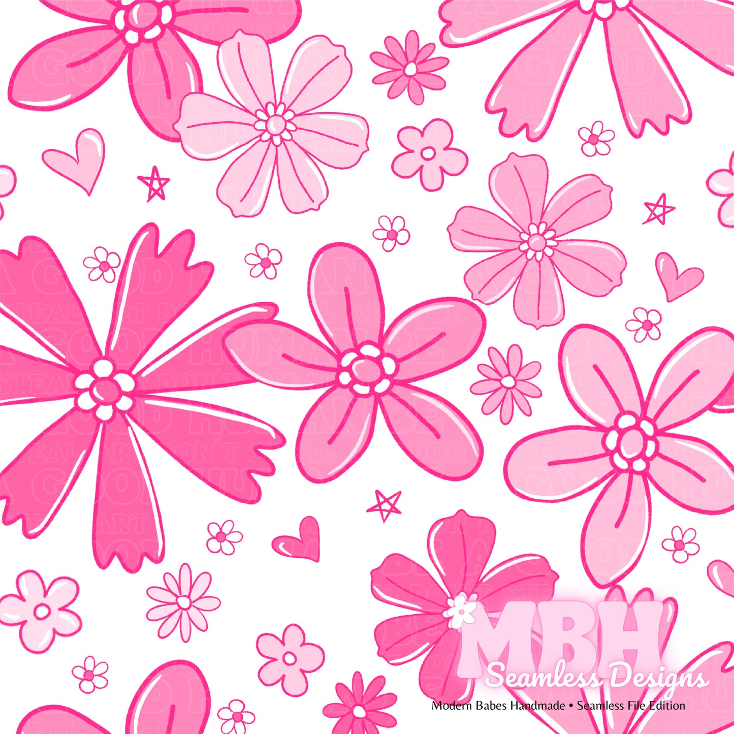 Bright Pink Floral Hearts Seamless Patterns